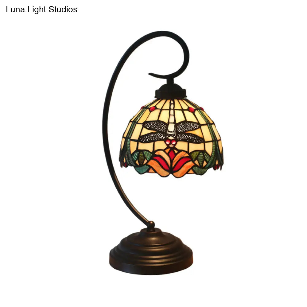 Tiffany Style Dragonfly Patterned Desk Lamp With Stained Glass Dome Shade