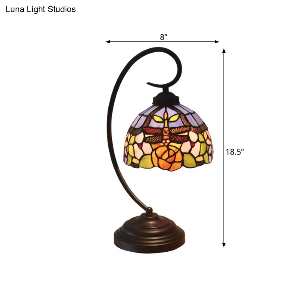 Tiffany Style Dragonfly Patterned Desk Lamp With Stained Glass Dome Shade