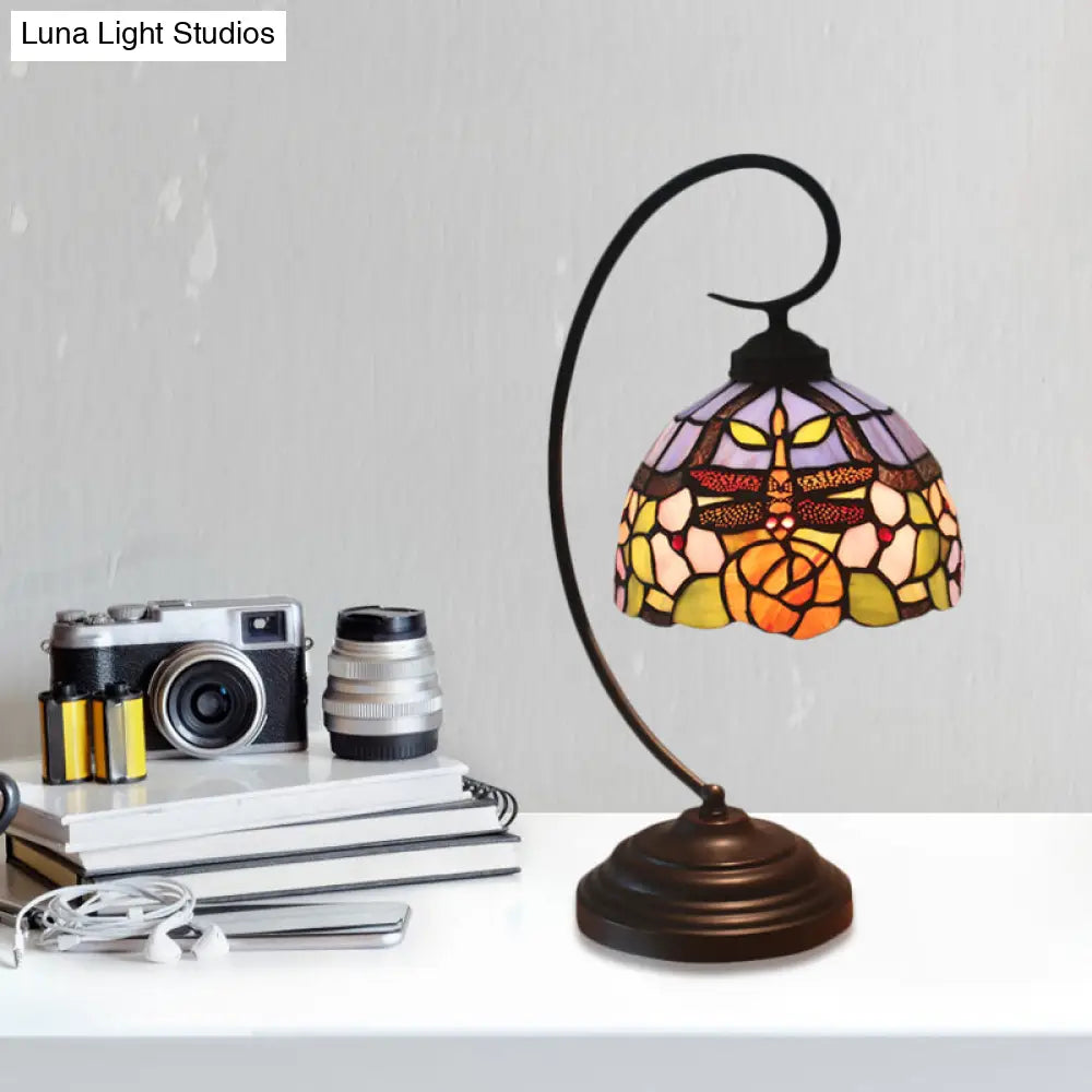 Tiffany Style Dragonfly Patterned Desk Lamp With Stained Glass Dome Shade