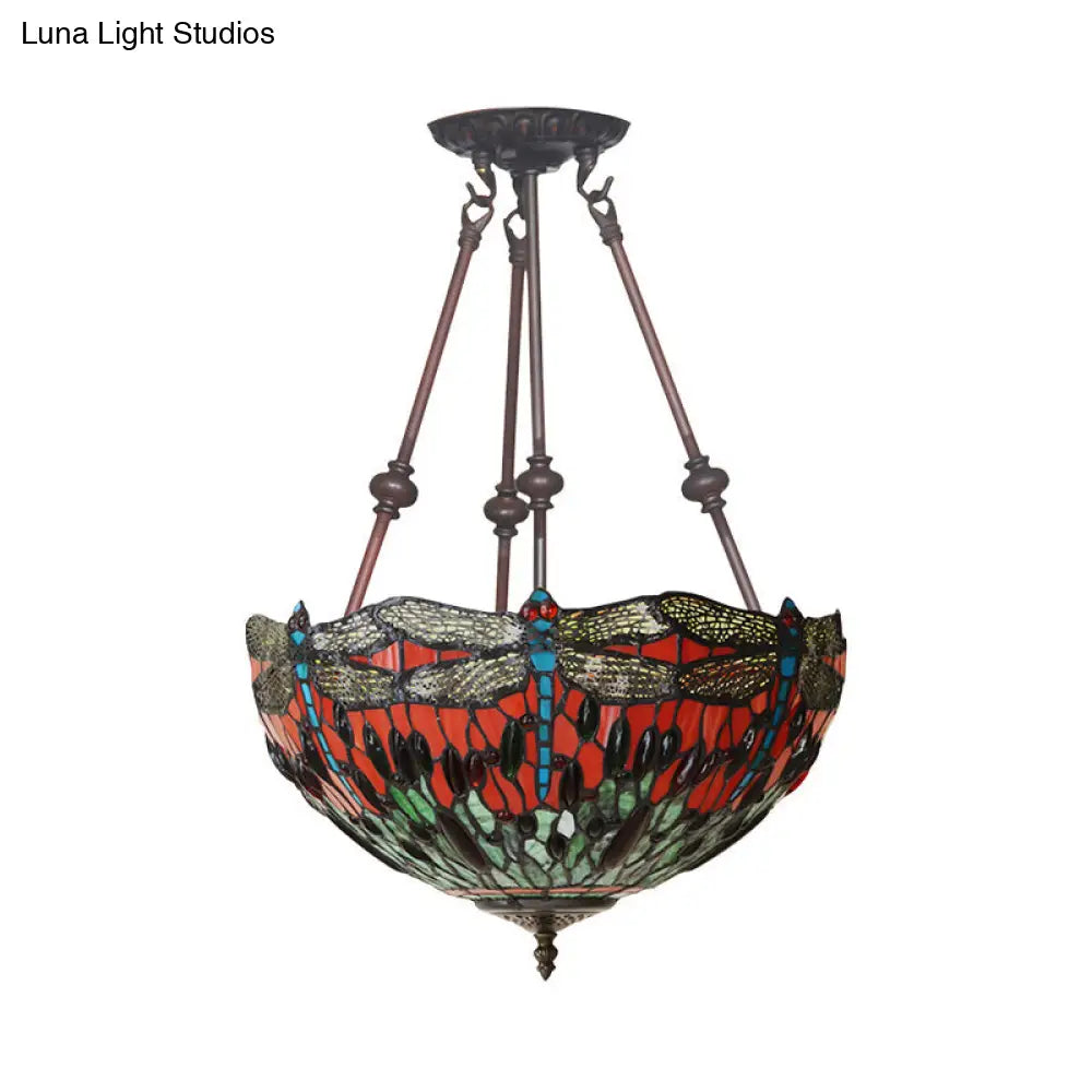 Tiffany Style Dragonfly Semi-Flush Ceiling Light With 2 Red/Orange Cut Glass Lights And Bronze