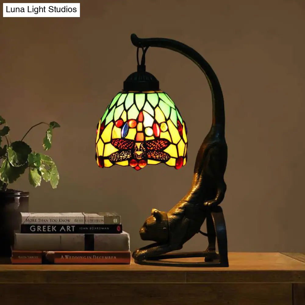 Tiffany Style Dragonfly Stained Glass Night Lamp With Cat-Shaped Base - Red/Green Table Lighting