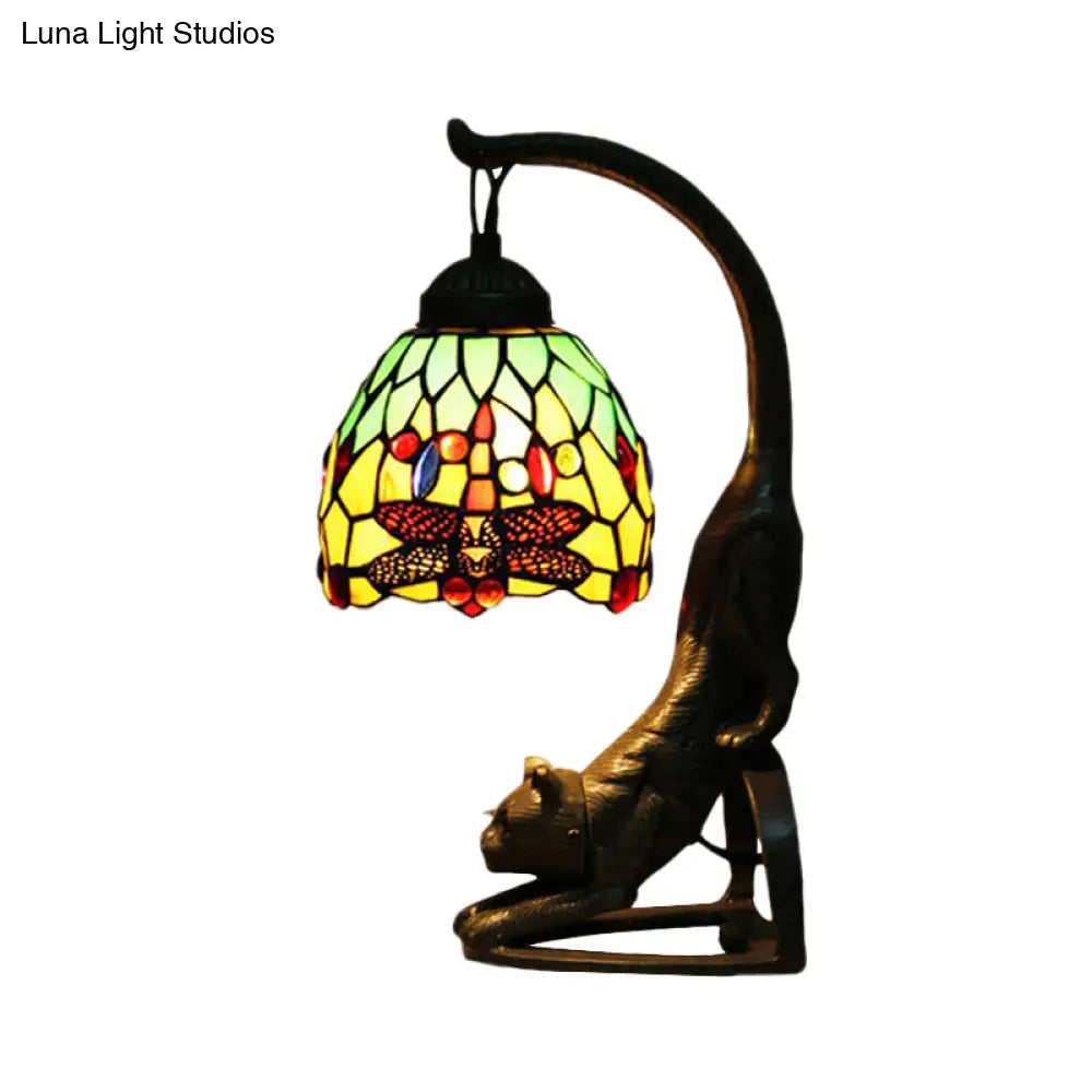 Tiffany Style Dragonfly Stained Glass Night Lamp With Cat-Shaped Base - Red/Green Table Lighting