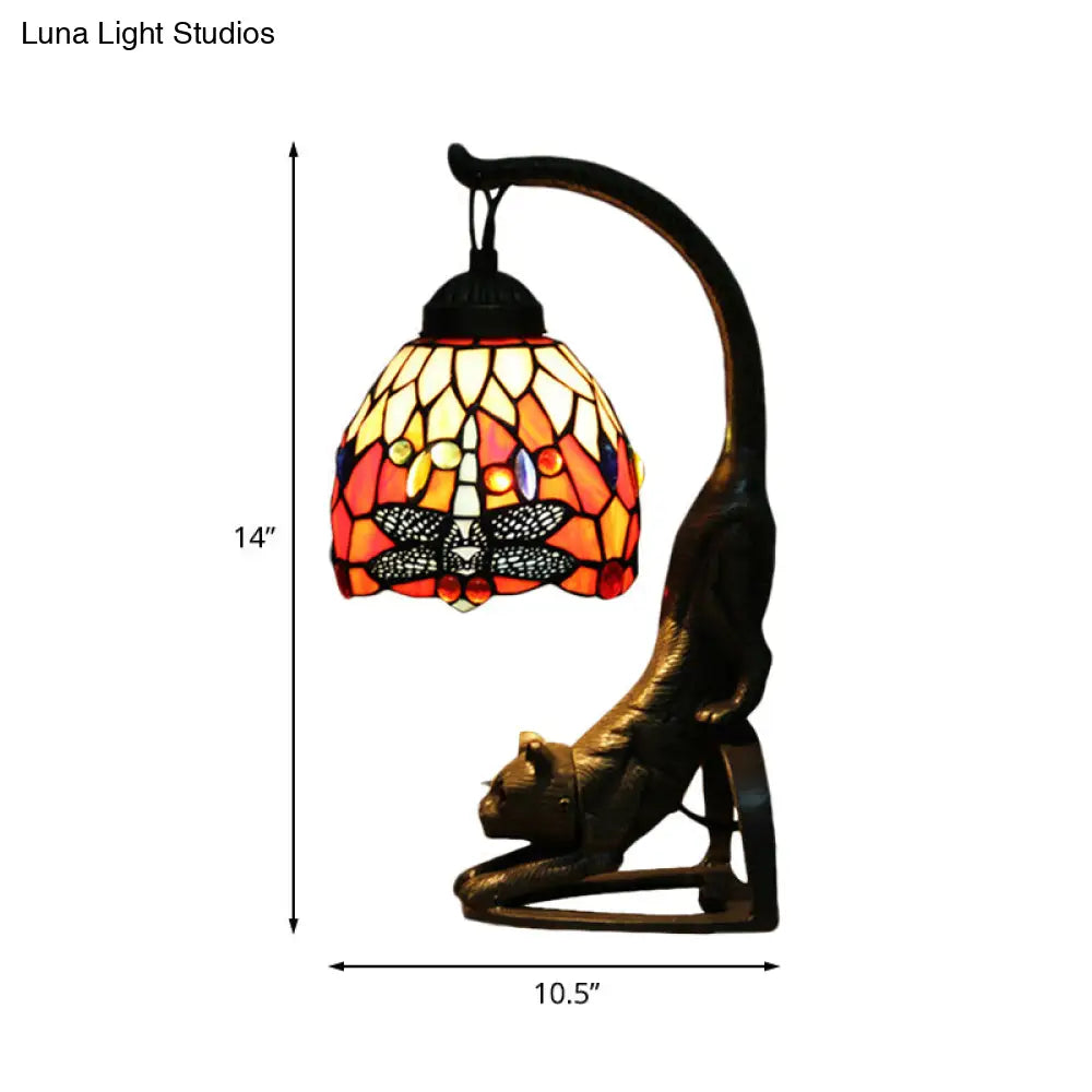 Tiffany Style Dragonfly Stained Glass Night Lamp With Cat-Shaped Base - Red/Green Table Lighting