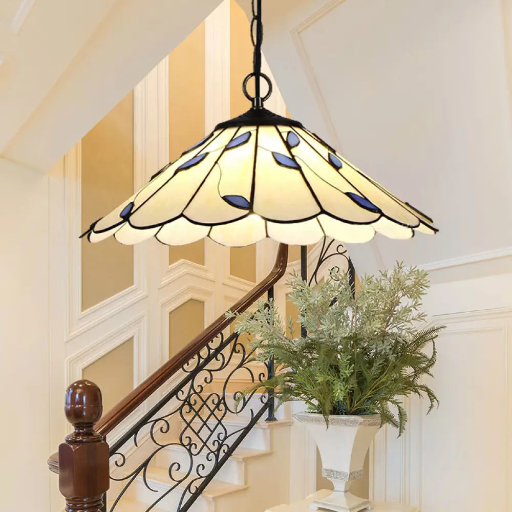 Tiffany-Style Flared Pendant Ceiling Light - Beige Stained Glass With Leaf Pattern