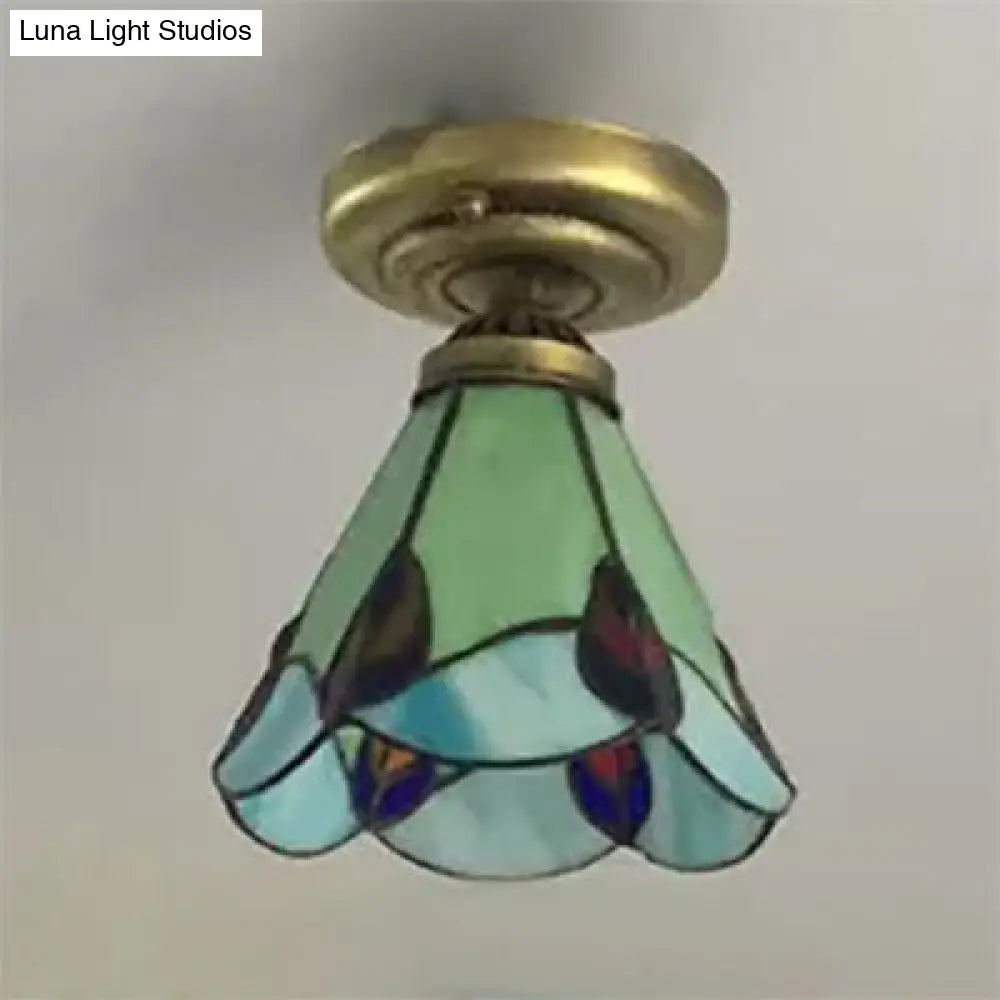 Tiffany Style Floral Semi Flush Ceiling Light Fixture In Aged Brass For Bedroom - Stained Glass 6.5