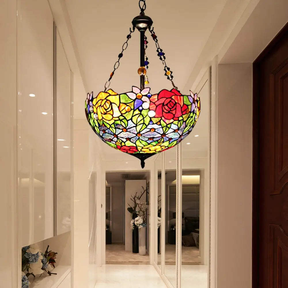 Tiffany Style Floral Suspension Lamp: Stainless Glass Pendant Light With Red And Yellow Bowl Shade