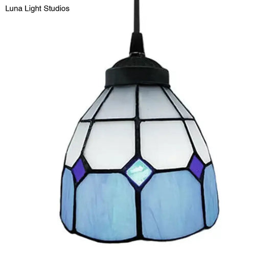 Tiffany-Style Handcrafted Stained Glass Ceiling Pendant: Flower Design In Yellow Light Blue And Dark