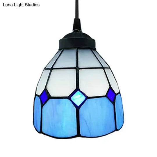 Tiffany-Style Flower Handcrafted Stained Glass Pendant Light In Yellow/Light Blue/Dark Blue