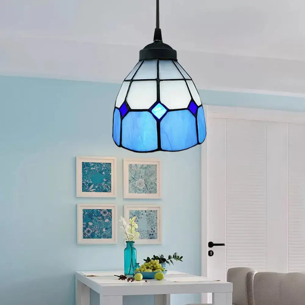 Tiffany-Style Flower Handcrafted Stained Glass Pendant Light In Yellow/Light Blue/Dark Blue Dark