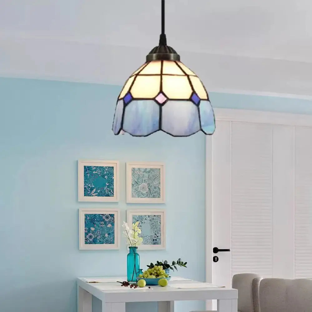 Tiffany-Style Flower Handcrafted Stained Glass Pendant Light In Yellow/Light Blue/Dark Blue