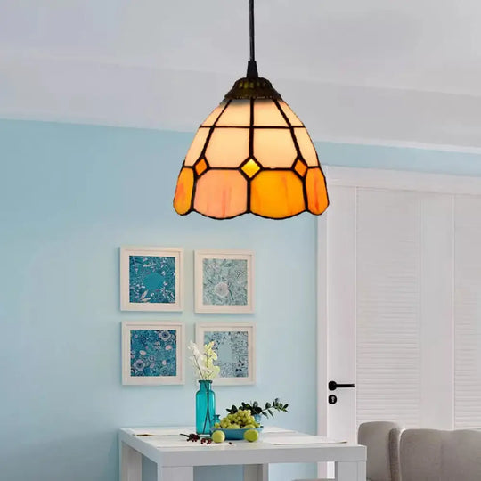 Tiffany-Style Flower Handcrafted Stained Glass Pendant Light In Yellow/Light Blue/Dark Blue Yellow