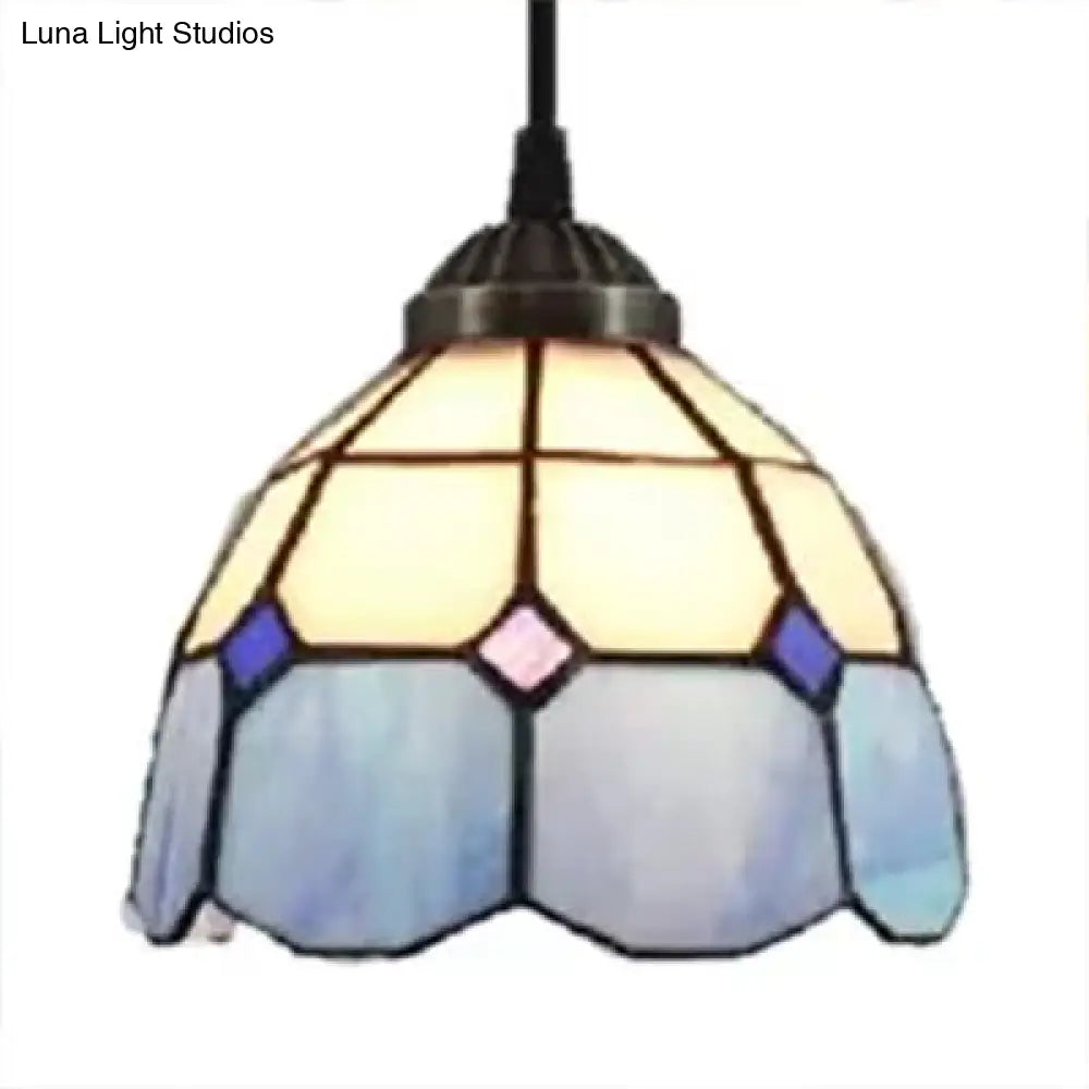 Tiffany-Style Flower Handcrafted Stained Glass Pendant Light In Yellow/Light Blue/Dark Blue