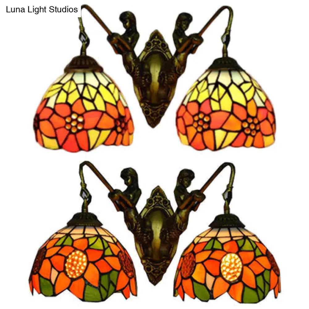 Tiffany Style Flower Wall Sconce Light Fixture - Orange-Green/Orange-Yellow Glass Antique Brass 2