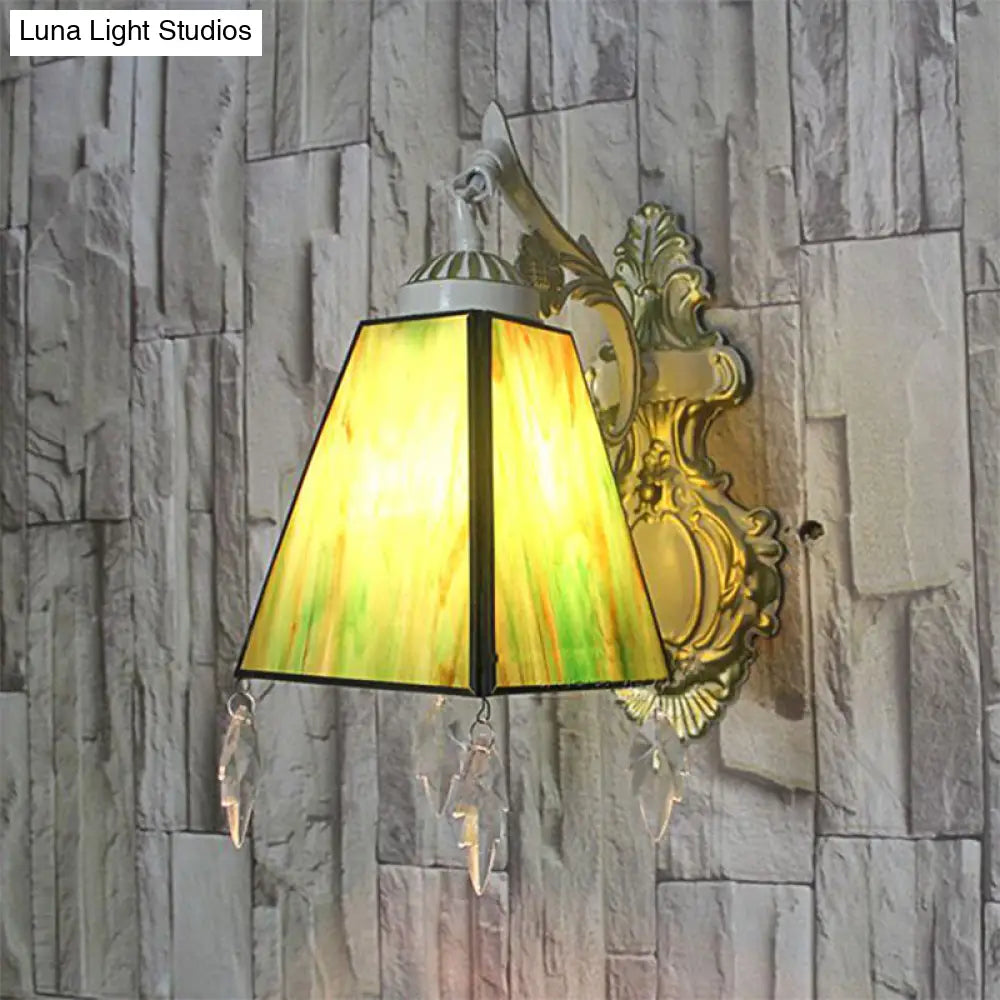 Tiffany Style Geometric Wall Sconce With Stained Glass & Leaf Pendant