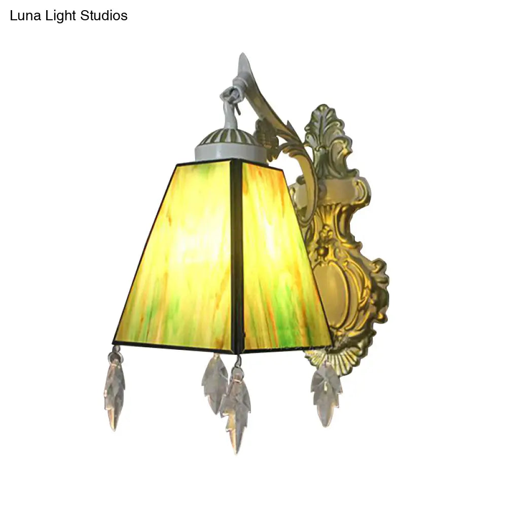 Tiffany Style Geometric Wall Sconce With Stained Glass & Leaf Pendant