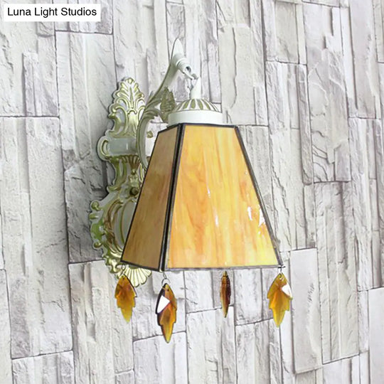 Tiffany Style Geometric Wall Sconce With Stained Glass & Leaf Pendant