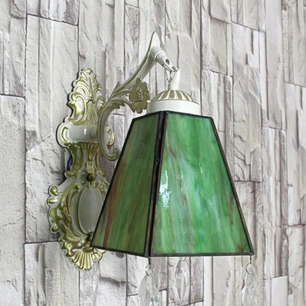 Tiffany Style Geometric Wall Sconce With Stained Glass & Leaf Pendant Green