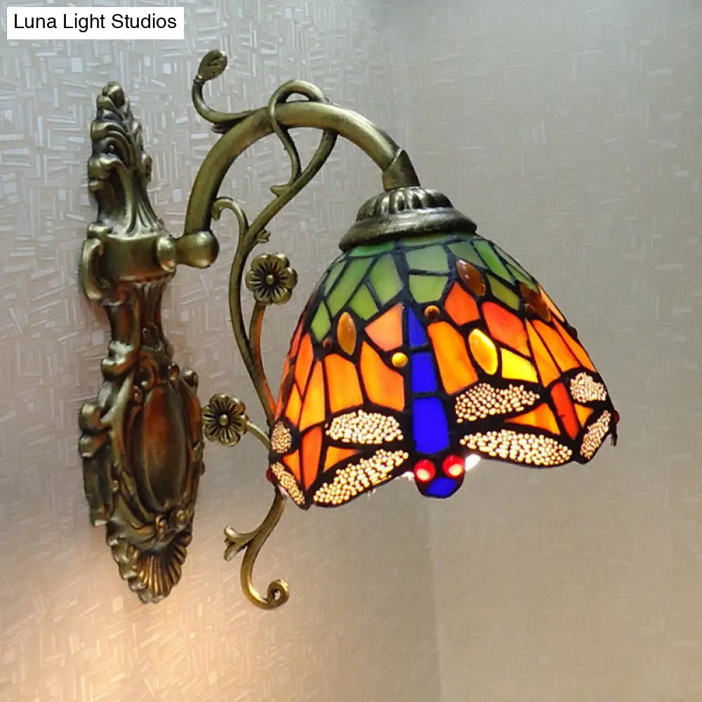 Tiffany Style Glass Dragonfly Wall Sconce With Carved Backplate - 1 Light Fixture