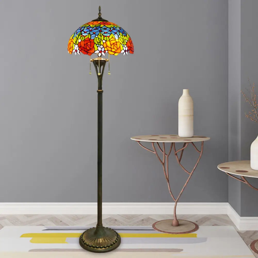 Tiffany Style Glass Floor Lamp With Pull Chain - 3 Bulbs Flower/Grapes Design In Blue/Green Or