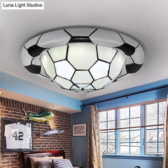 Tiffany Style Glass Football Shade Ceiling Light - Flush Mount In White For Childs Bedroom