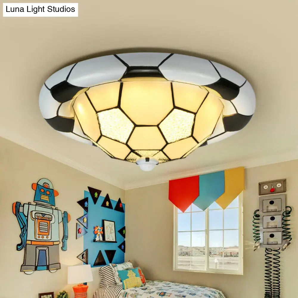 Tiffany Style Glass Football Shade Ceiling Light - Flush Mount In White For Childs Bedroom