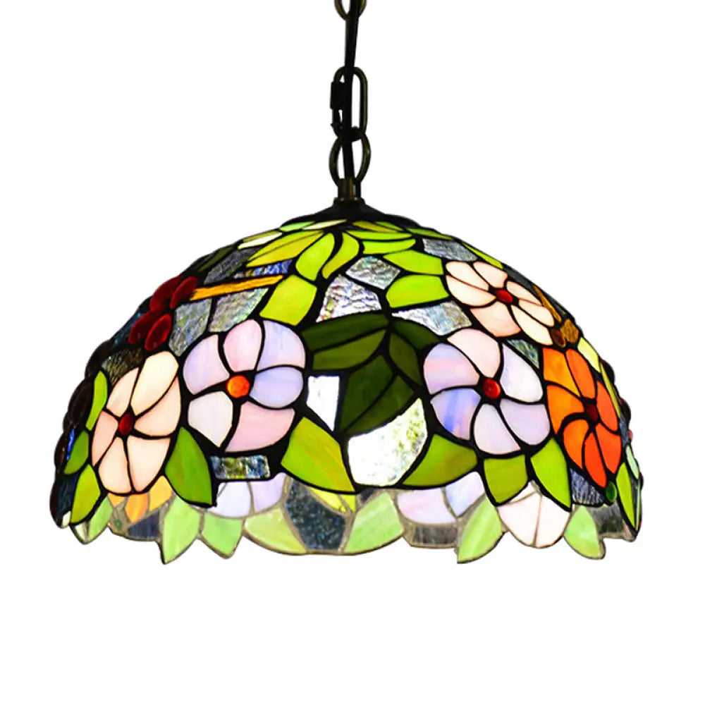 Tiffany-Style Green Stained Glass Bowl Pendant Light With 1 Hanging Lamp