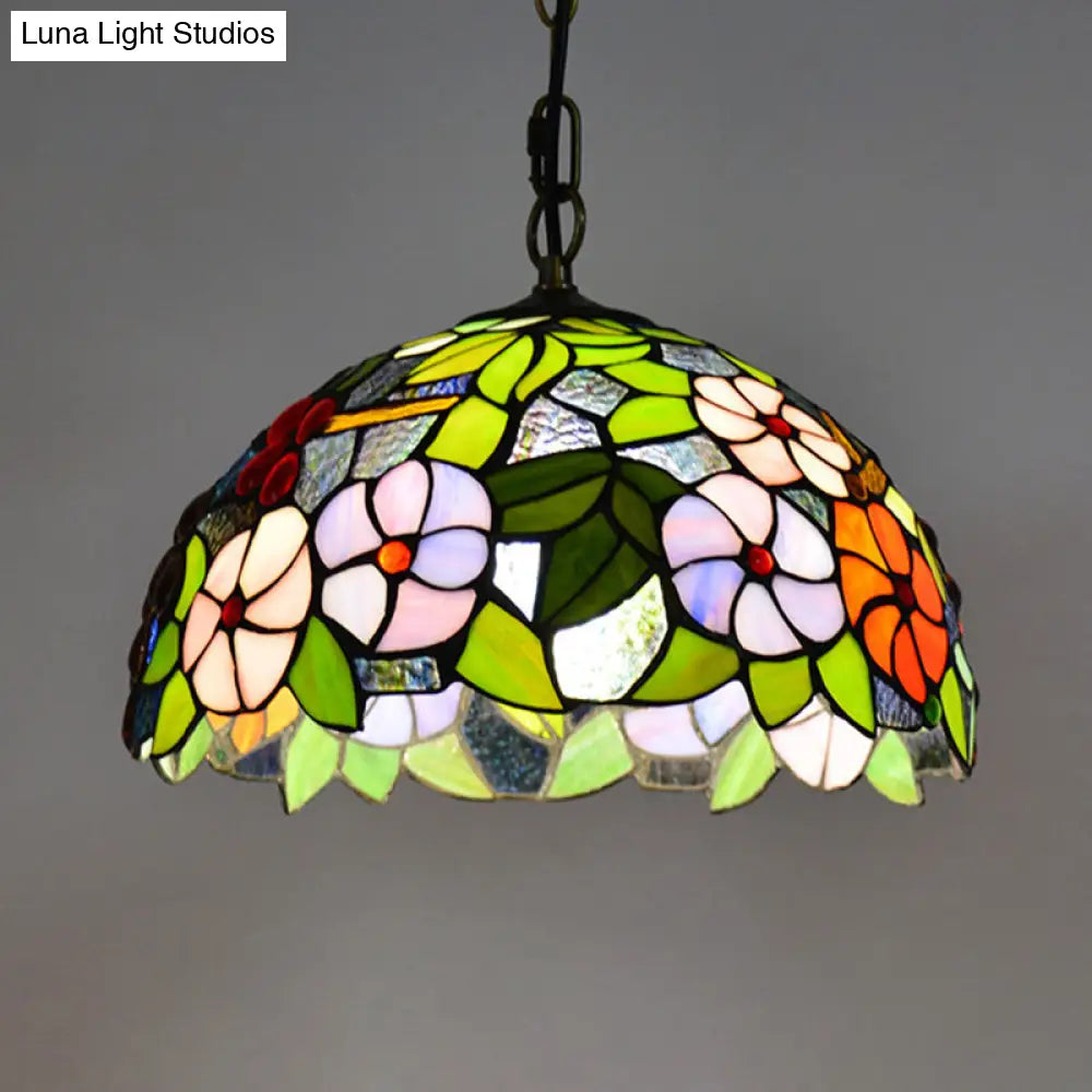 Tiffany-Style Green Stained Glass Bowl Pendant Light With 1 Hanging Lamp
