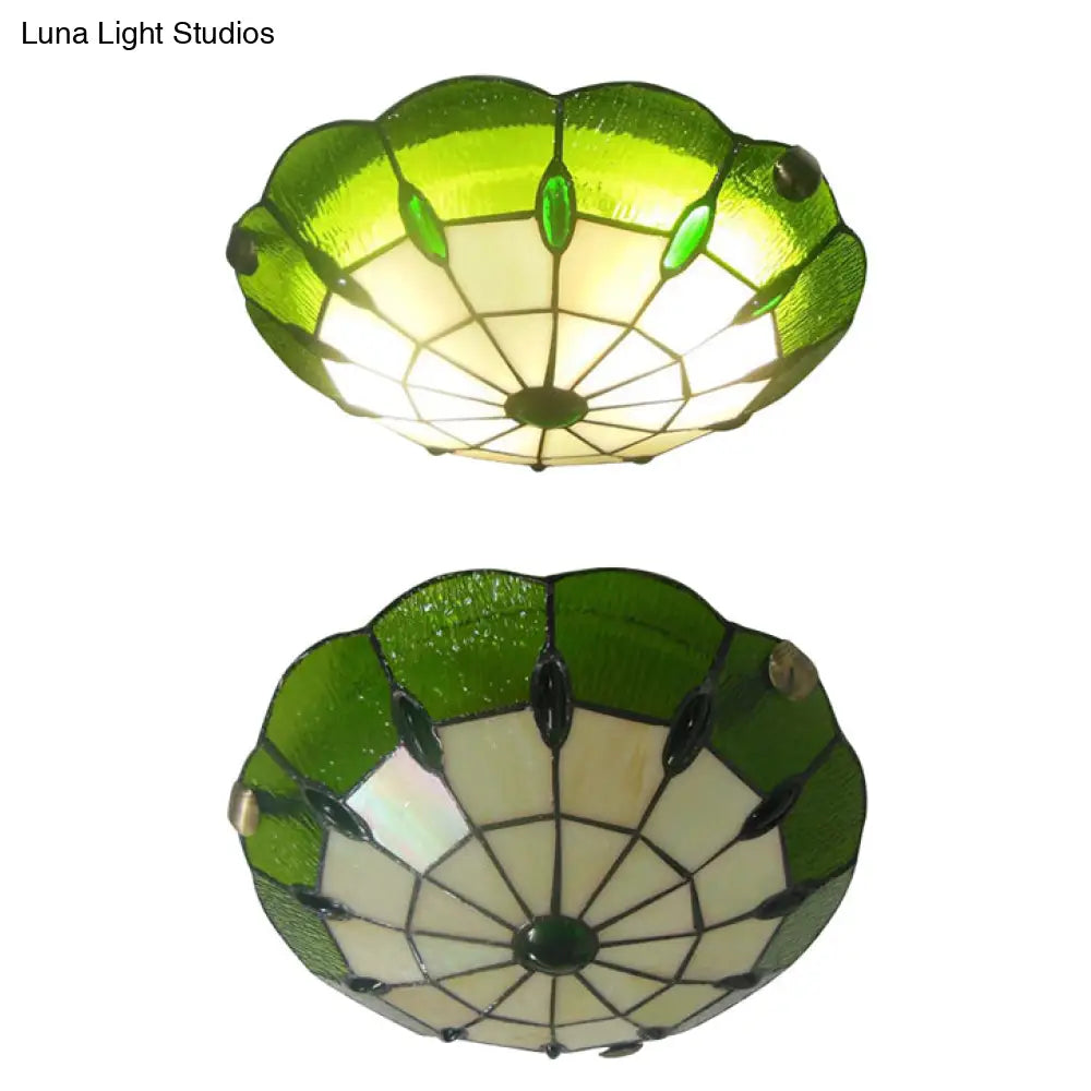 Tiffany Style Green/Yellow Dome Ceiling Lights With Jewel Decoration - 12/16/19.5 Wide Flush Mount