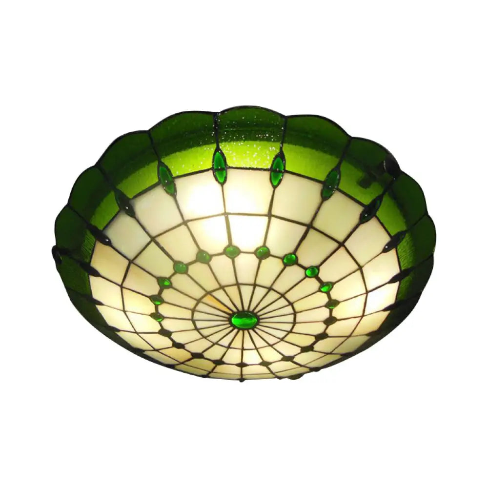 Tiffany Style Green/Yellow Dome Ceiling Lights With Jewel Decoration - 12/16/19.5 Wide Flush Mount