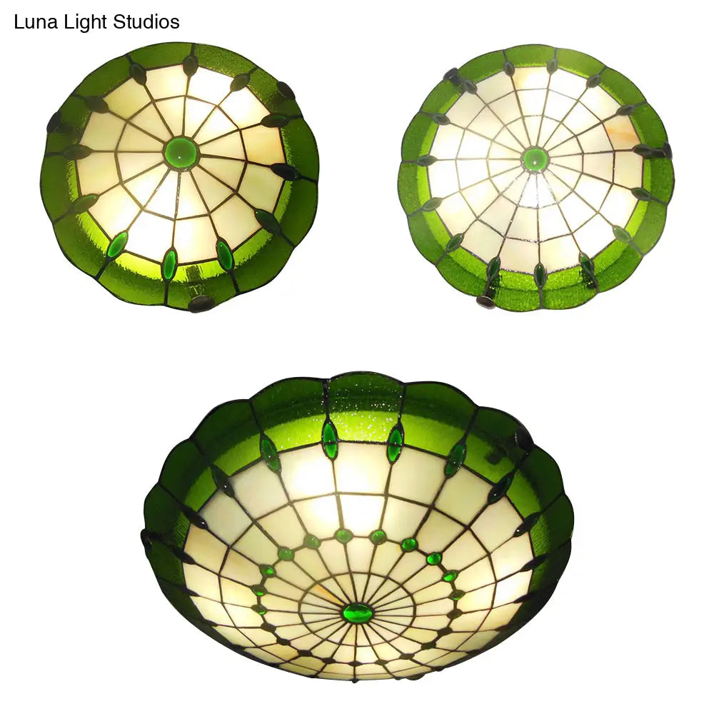 Tiffany Style Green/Yellow Dome Ceiling Lights With Jewel Decoration - 12/16/19.5 Wide Flush Mount