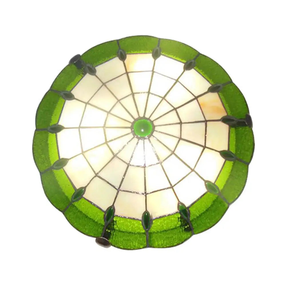 Tiffany Style Green/Yellow Dome Ceiling Lights With Jewel Decoration - 12/16/19.5 Wide Flush Mount