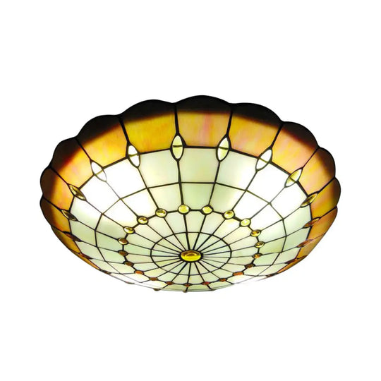 Tiffany Style Green/Yellow Dome Ceiling Lights With Jewel Decoration - 12/16/19.5 Wide Flush Mount