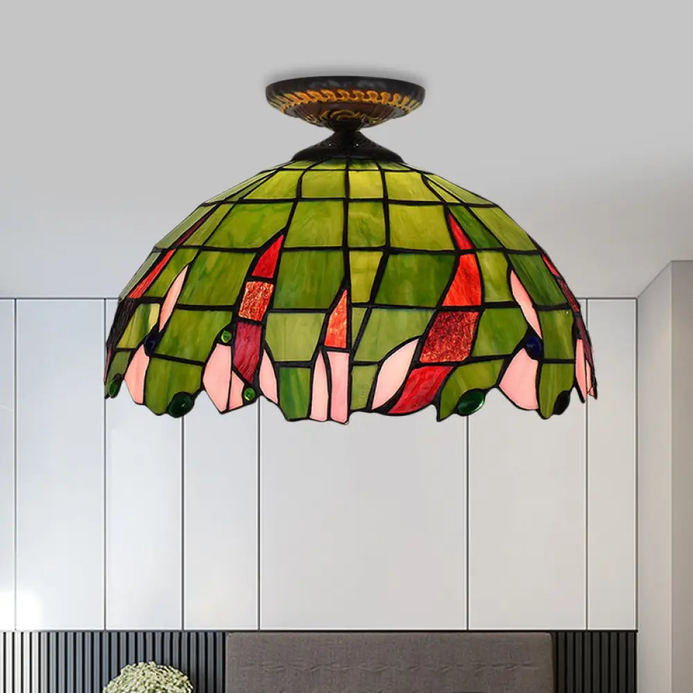 Tiffany-Style Hand Cut Glass Brass Flush Mount Ceiling Light With Single Bulb