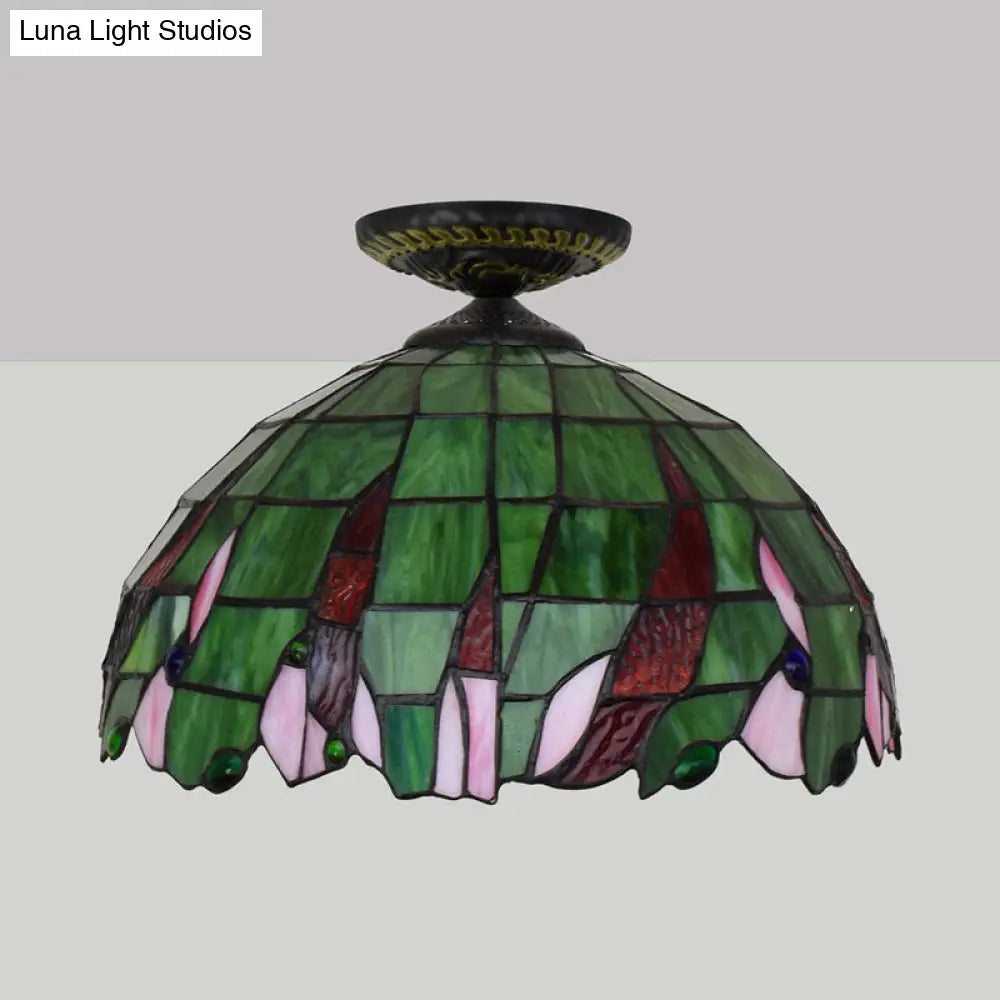 Tiffany-Style Hand Cut Glass Brass Flush Mount Ceiling Light With Single Bulb