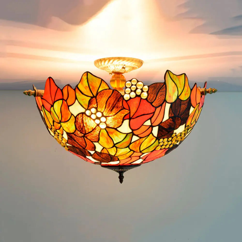 Tiffany - Style Hand Cut Glass Brass Light Fixture With 5 Grape Lights - Semi Flush Mount Ceiling