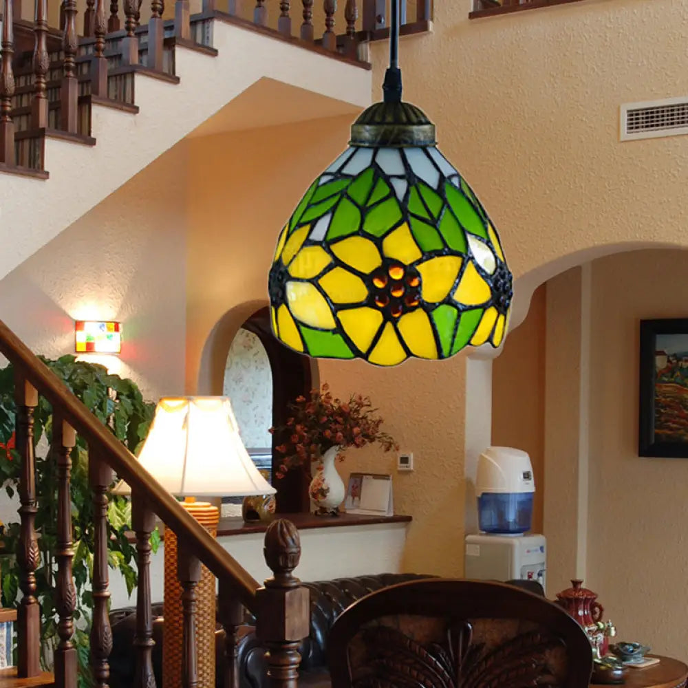 Tiffany-Style Hand Cut Glass Pendant Ceiling Light - Green/Orange Flare Design Ideal For Living