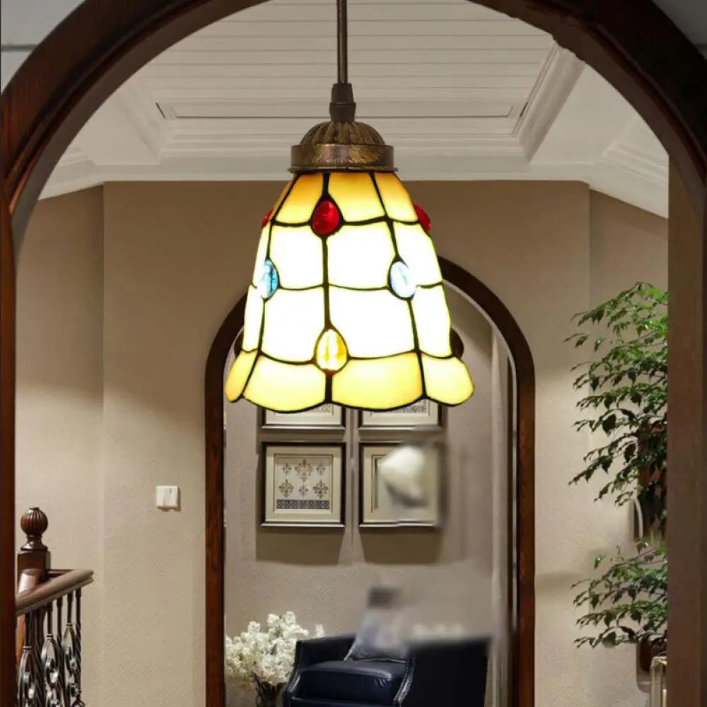 Tiffany Style Hand Cut Glass Pendant Light With Bell Shade: Single Suspension Fixture Beige / 6’