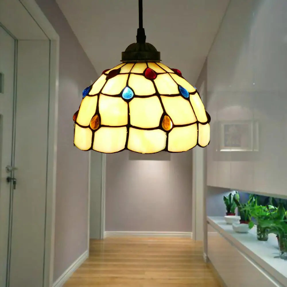 Tiffany Style Hand Cut Glass Pendant Light With Bell Shade: Single Suspension Fixture Beige / 8’