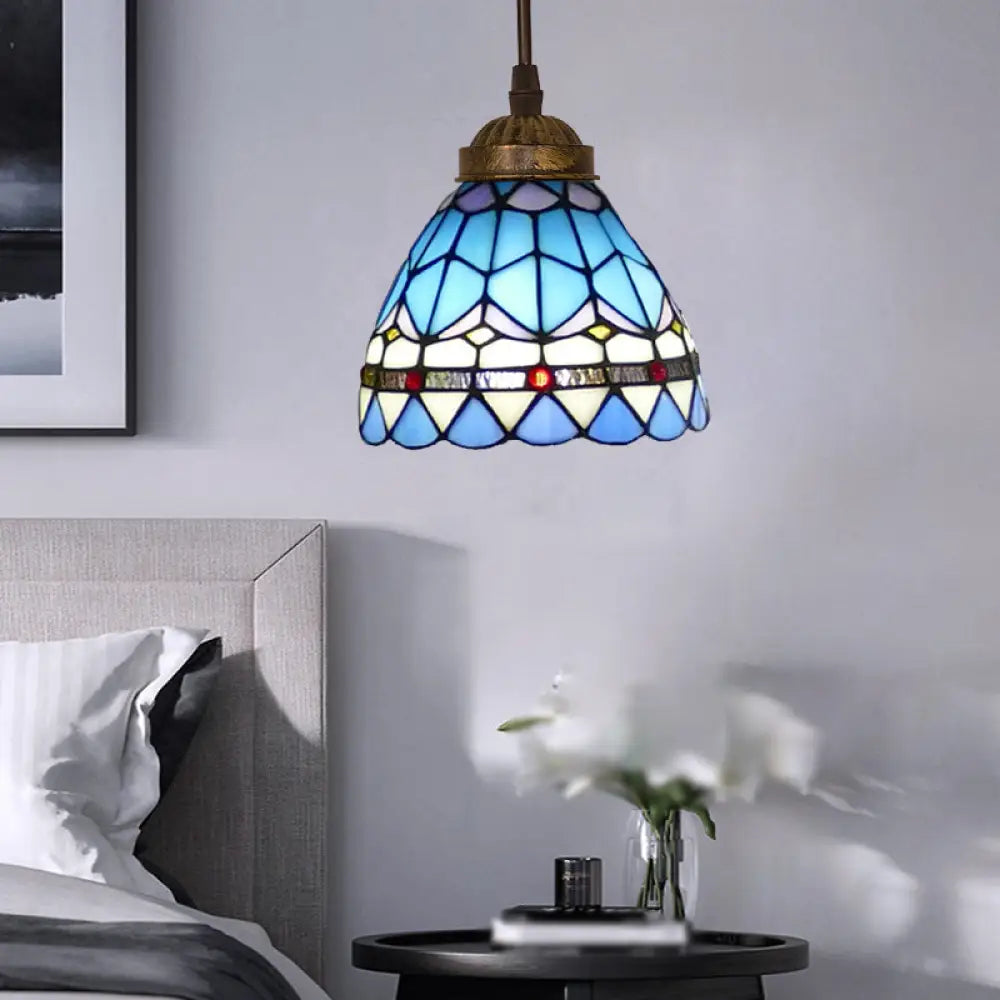 Tiffany Style Hand Cut Glass Pendant Light With Bell Shade: Single Suspension Fixture Blue / 6’