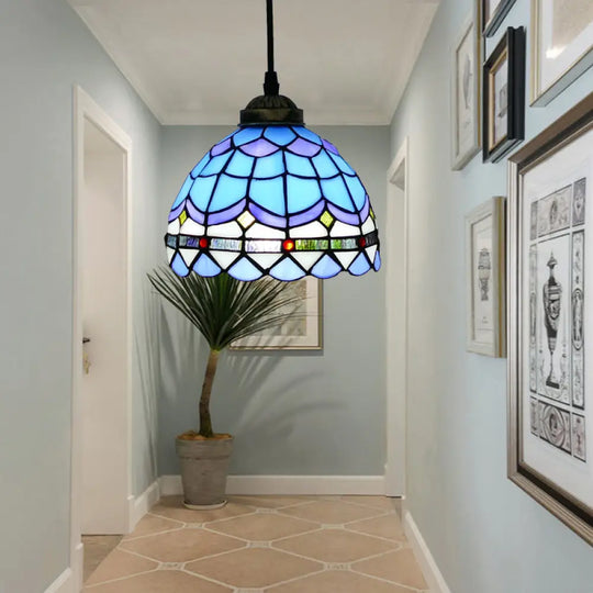 Tiffany Style Hand Cut Glass Pendant Light With Bell Shade: Single Suspension Fixture Blue / 8’