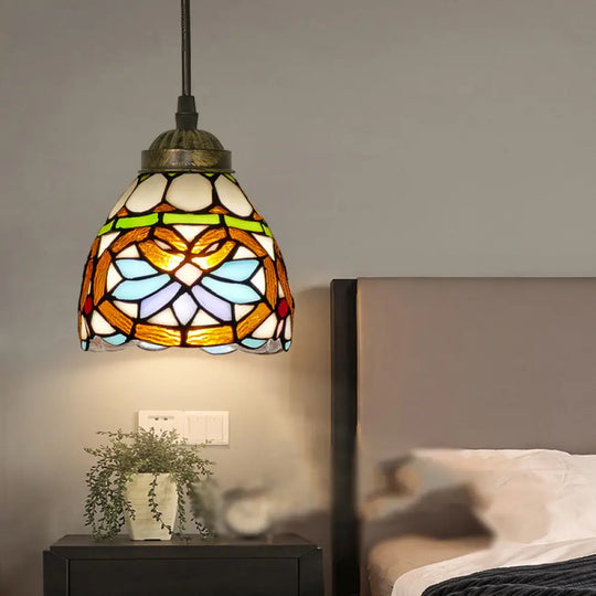 Tiffany Style Hand Cut Glass Pendant Light With Bell Shade: Single Suspension Fixture Brown / 6’