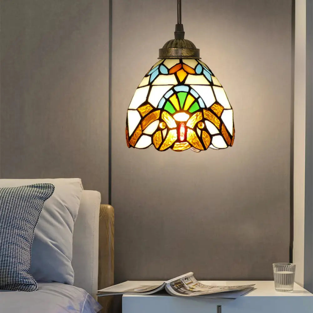 Tiffany Style Hand Cut Glass Pendant Light With Bell Shade: Single Suspension Fixture Khaki / 6’