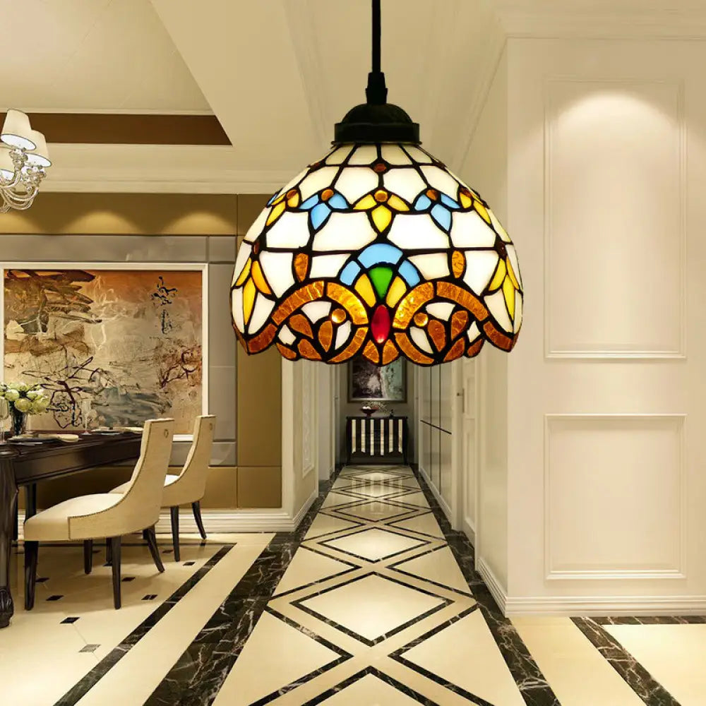 Tiffany Style Hand Cut Glass Pendant Light With Bell Shade: Single Suspension Fixture Khaki / 8’