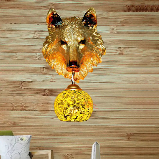 Tiffany Style Hand-Cut Glass Wolf Head Sconce - Silver/Gold 1-Light Wall Mount Lamp For Living Room