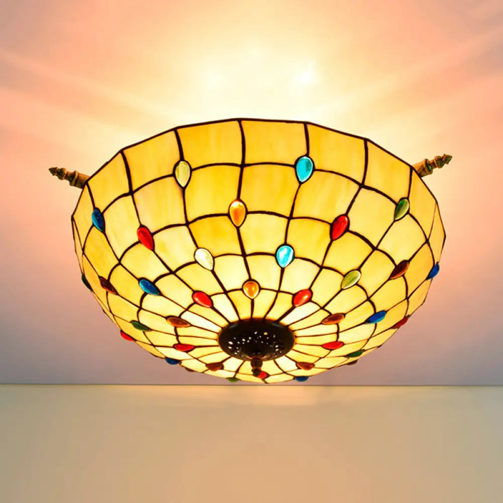 Tiffany Style Handcrafted Art Glass Ceiling Light Fixture - 5 Heads Semi Flush Mount Brass Finish