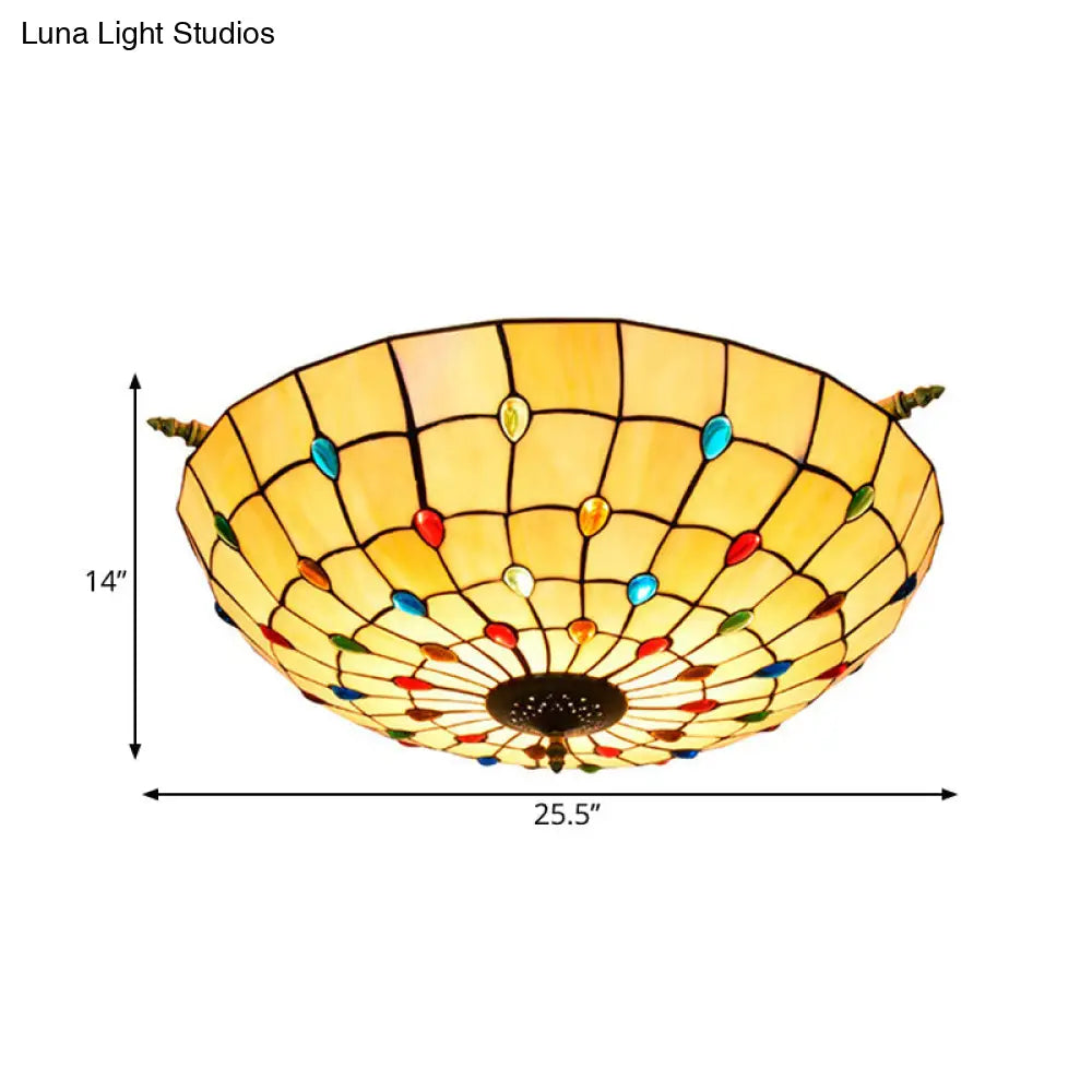 Tiffany Style Handcrafted Art Glass Ceiling Light Fixture - 5 Heads Semi Flush Mount Brass Finish