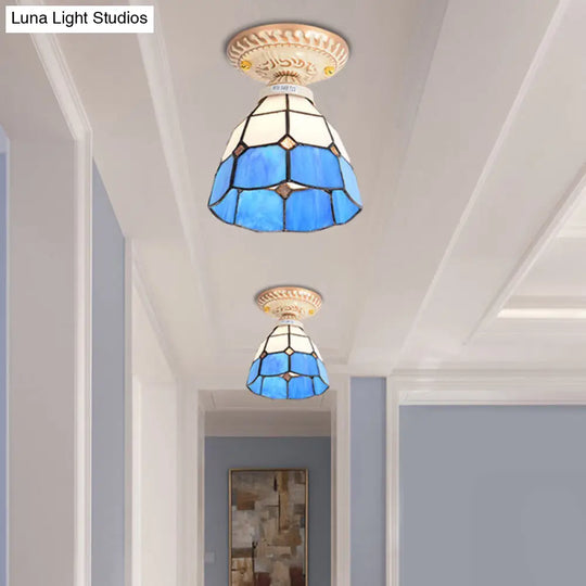 Tiffany Style Handcrafted Art Glass Semi Flush Ceiling Light Fixture With Bell Shade Blue