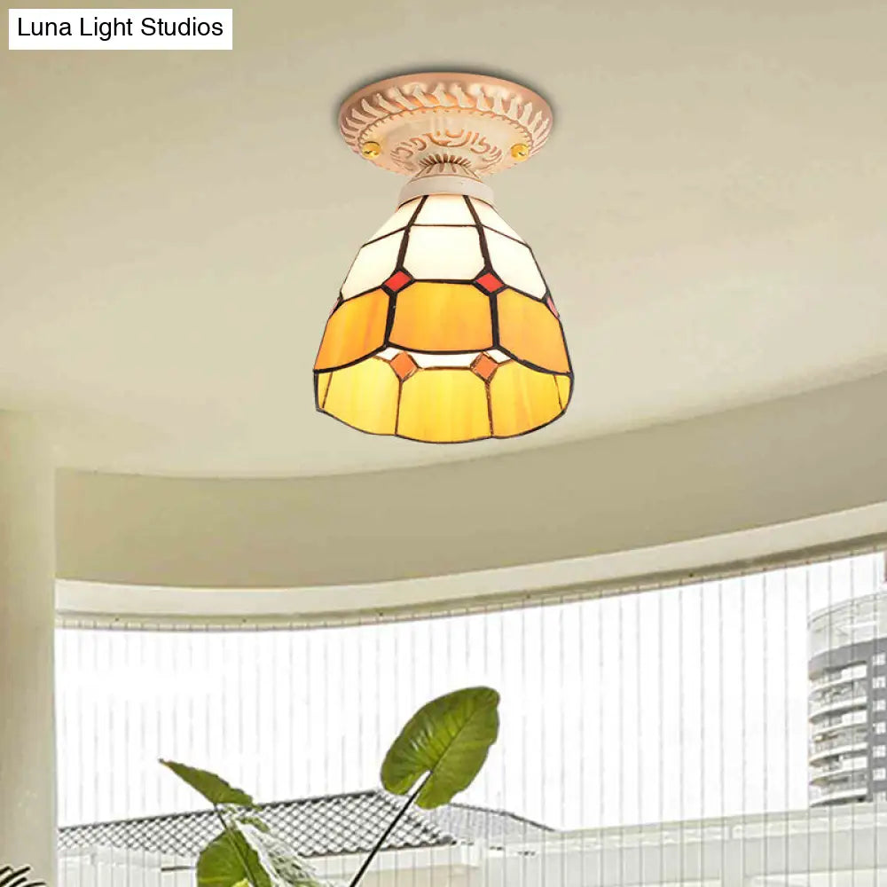 Tiffany Style Handcrafted Art Glass Semi Flush Ceiling Light Fixture With Bell Shade Yellow