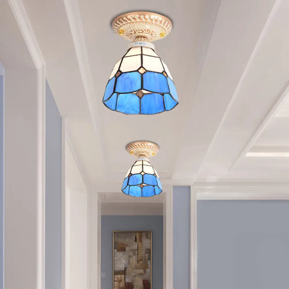 Tiffany Style Handcrafted Art Glass Semi Flush Ceiling Light Fixture With Bell Shade Blue