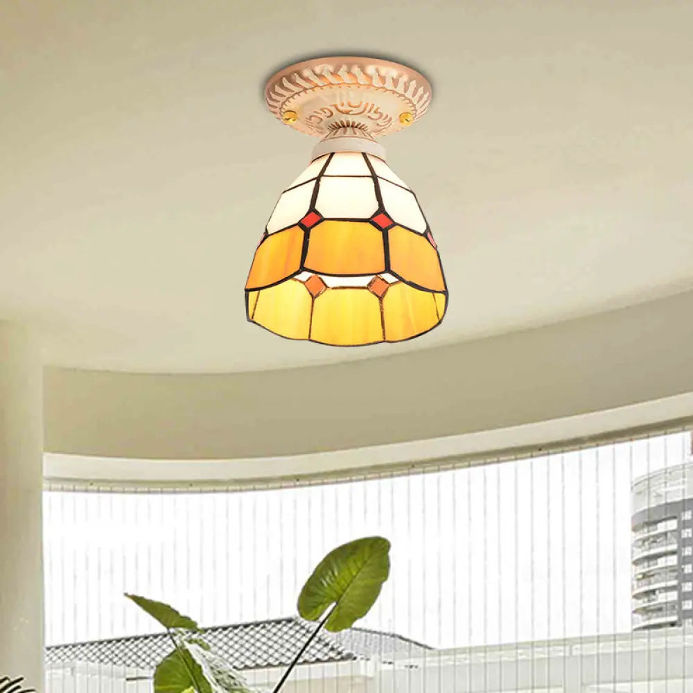 Tiffany Style Handcrafted Art Glass Semi Flush Ceiling Light Fixture With Bell Shade Yellow